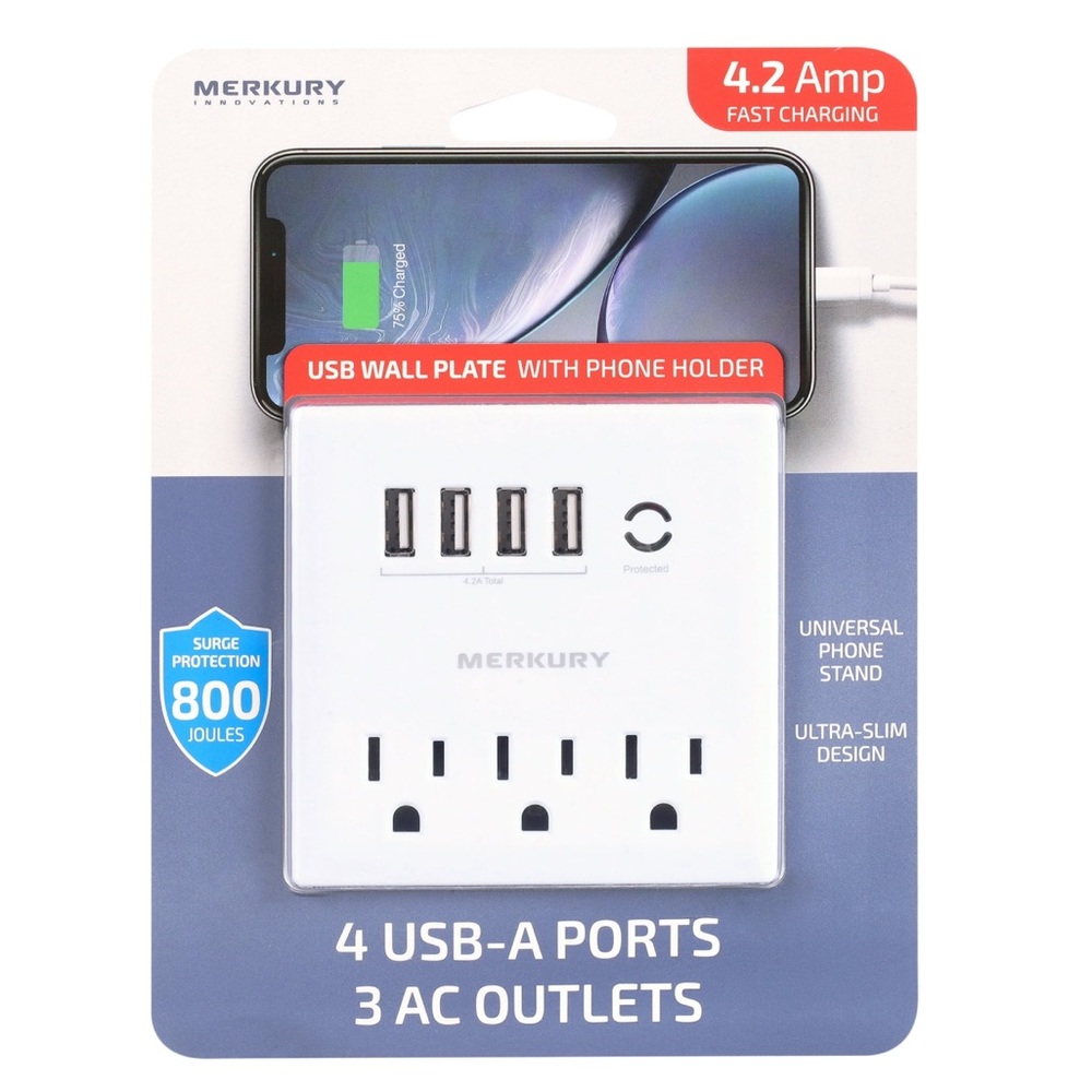Merkury Innovations 4.2A 3-Outlet 4 USB Port Phone Stand Surge Protector Outlet